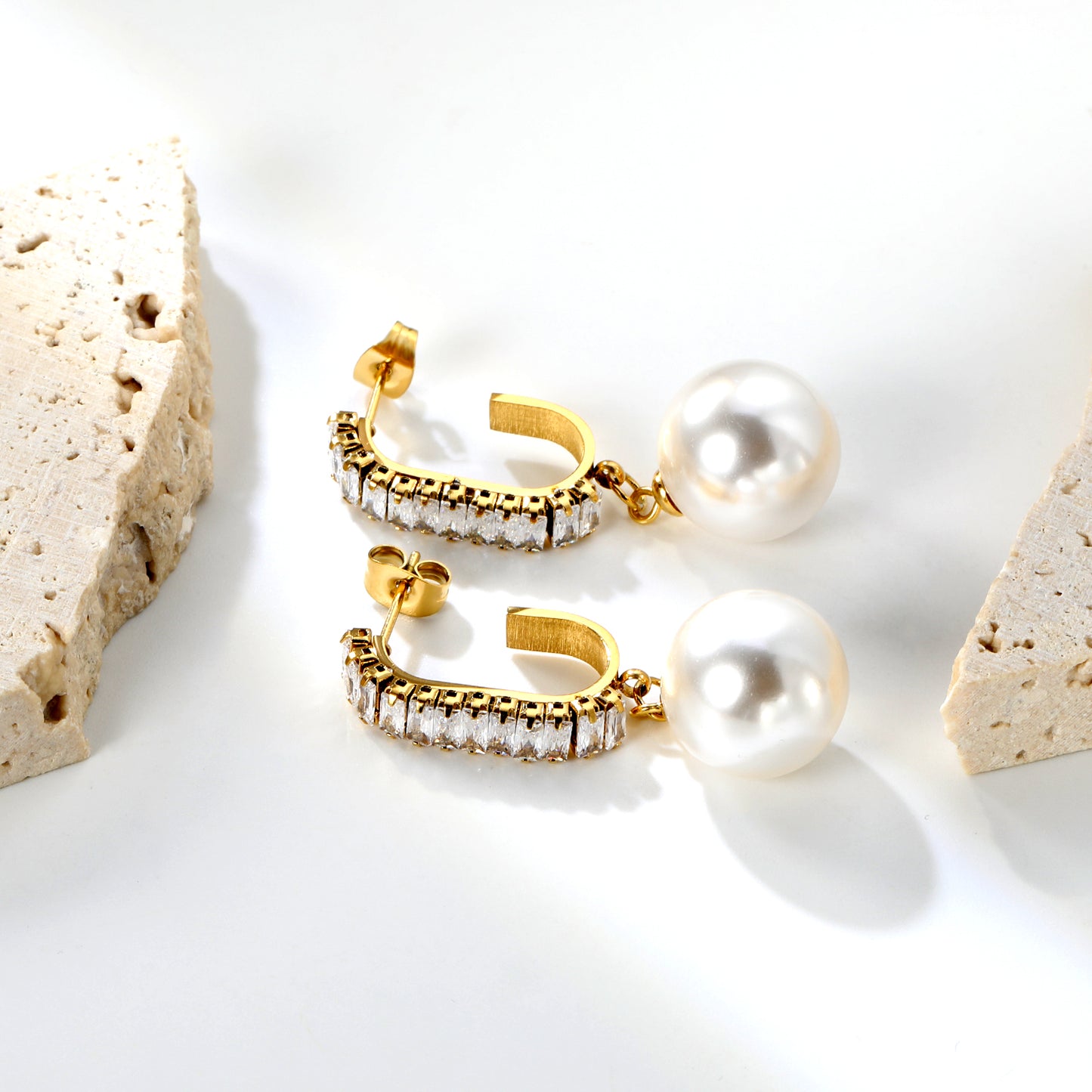Bulk 18K Gold Plated Luxe Pearl C-Zircon Stud Earrings