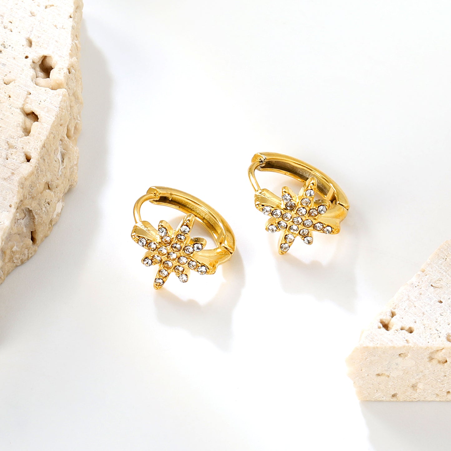 Bulk 18K Gold Plated Celestial Octagram Crystal Hoop Earrings