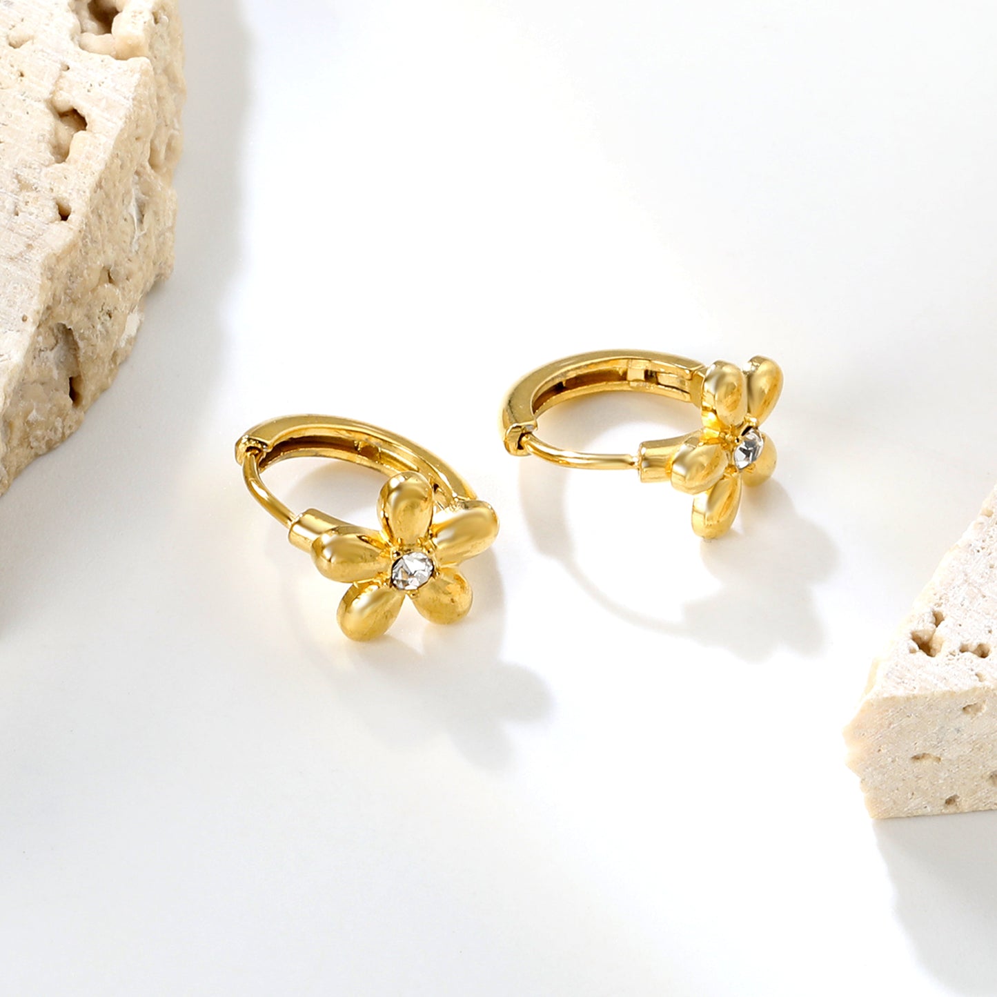 Wholesale Stainless Steel Botanical Flower Zircon Hoop Earrings