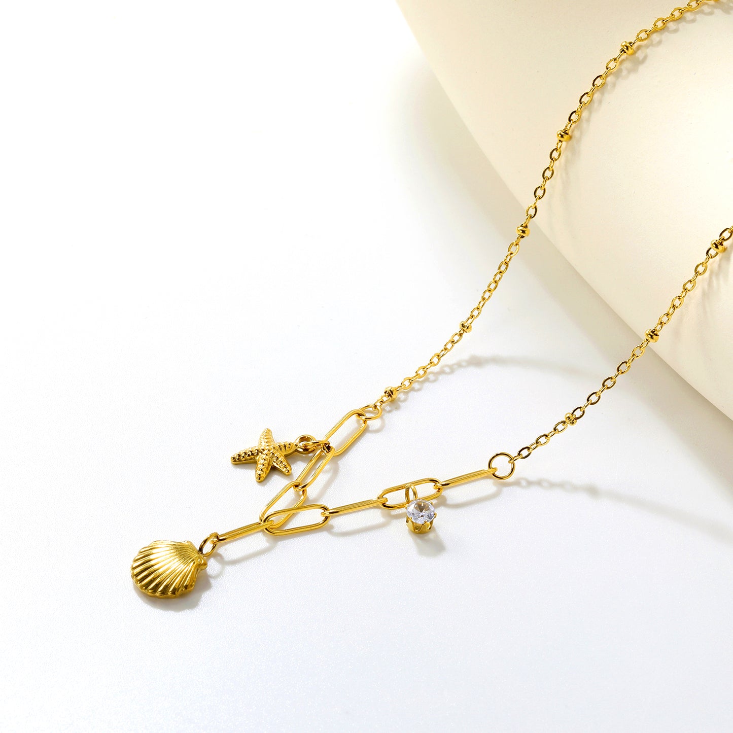 Stainless Steel Gold Shell + Starfish + Cylinder White Diamond Necklace Jewelry Supplier