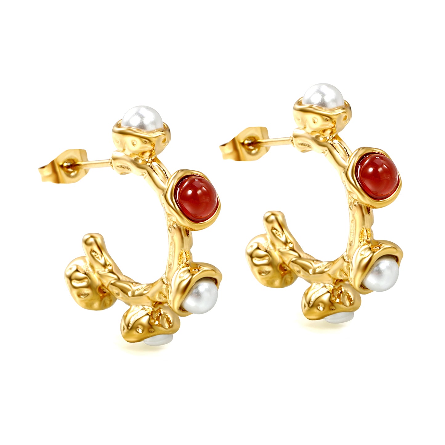 Wholesale Gold Hoop Earrings with Pearl and Red Gem Accents for Jewelry Suppliers