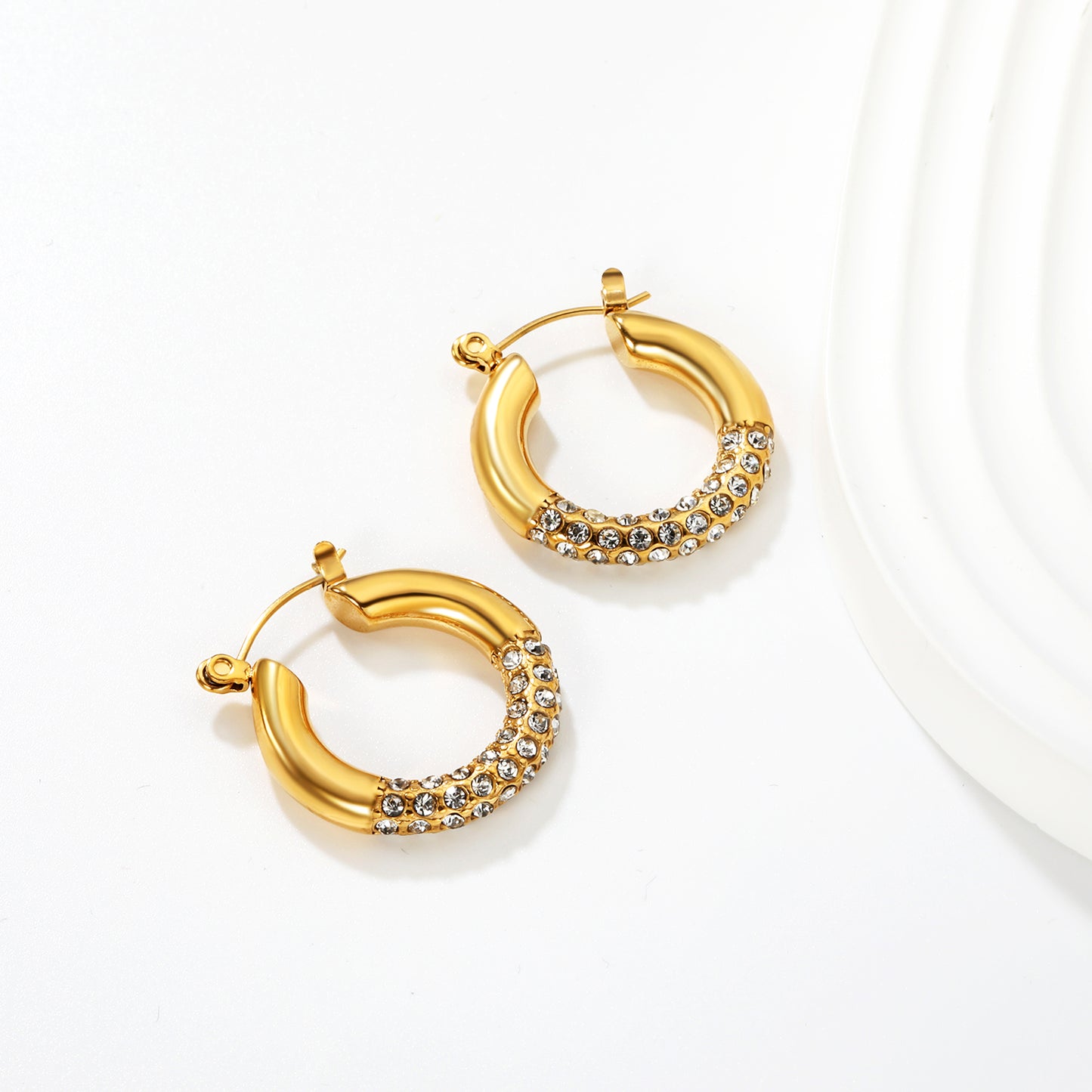 Wholesale 18K Gold Plated Pave Huggie Hoop Earrings Cubic Zirconia Waterproof