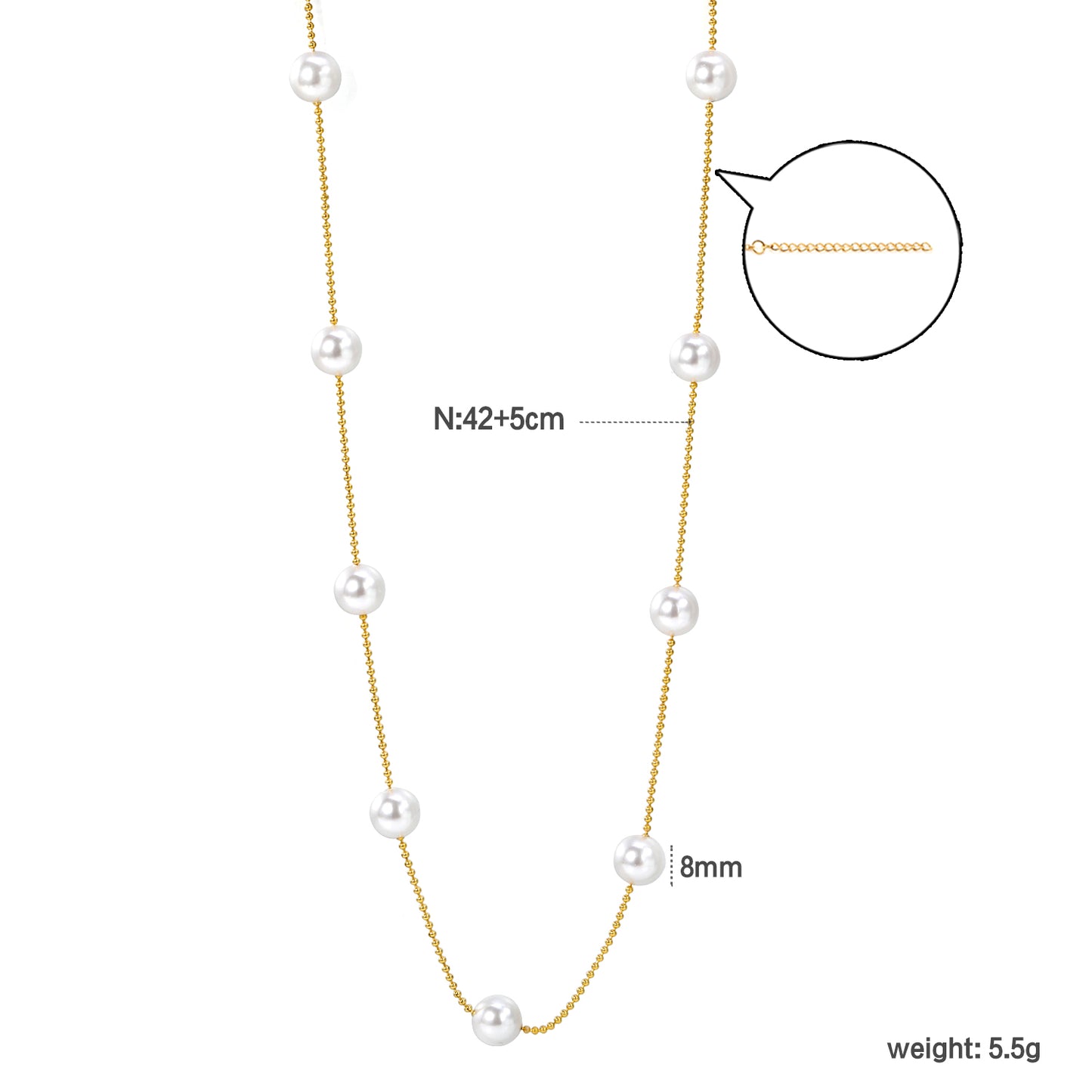 Wholesale Stainless Steel 7pcs 8mm White Pearls Bead Chain Necklace