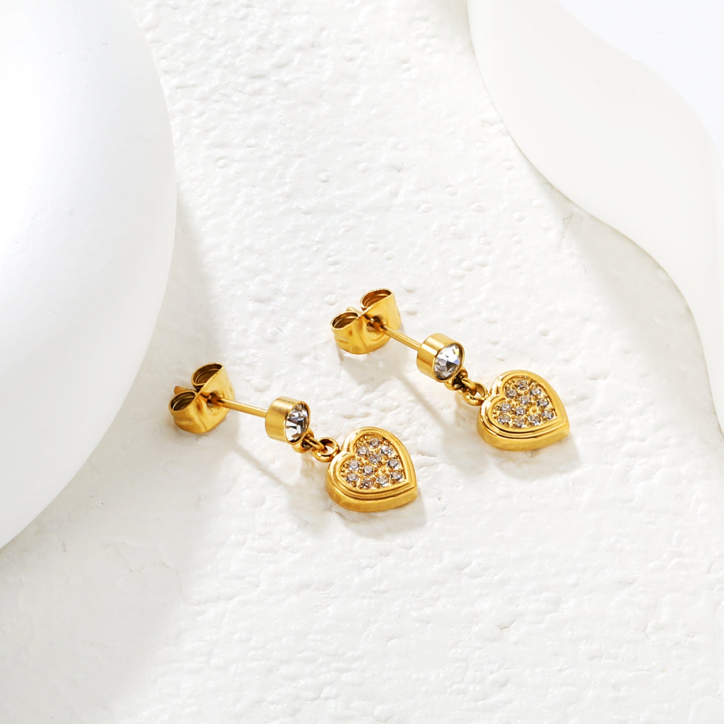 Wholesale Waterproof PVD Gold Plated Pave Heart Drop Hoops