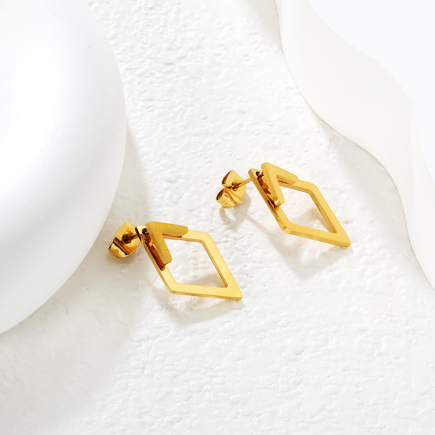 Bulk Waterproof PVD Gold Plated Lozenge Frame Stud Earrings