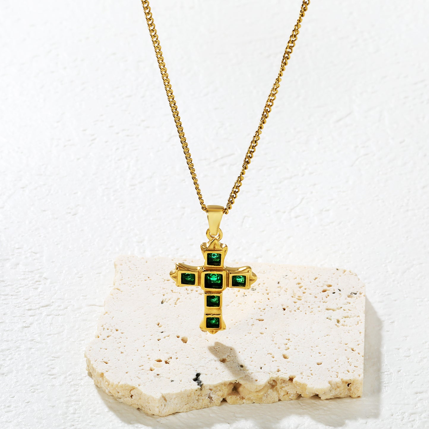 Wholesale Waterproof PVD Cross Necklace with Emerald CZ Stones