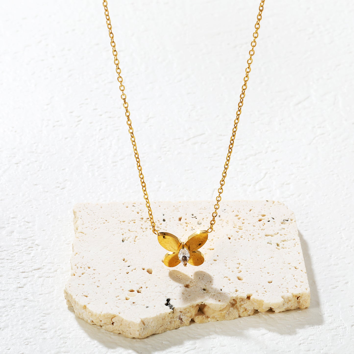 Wholesale Waterproof PVD Gold Plated 3D Butterfly Necklace CZ Stone