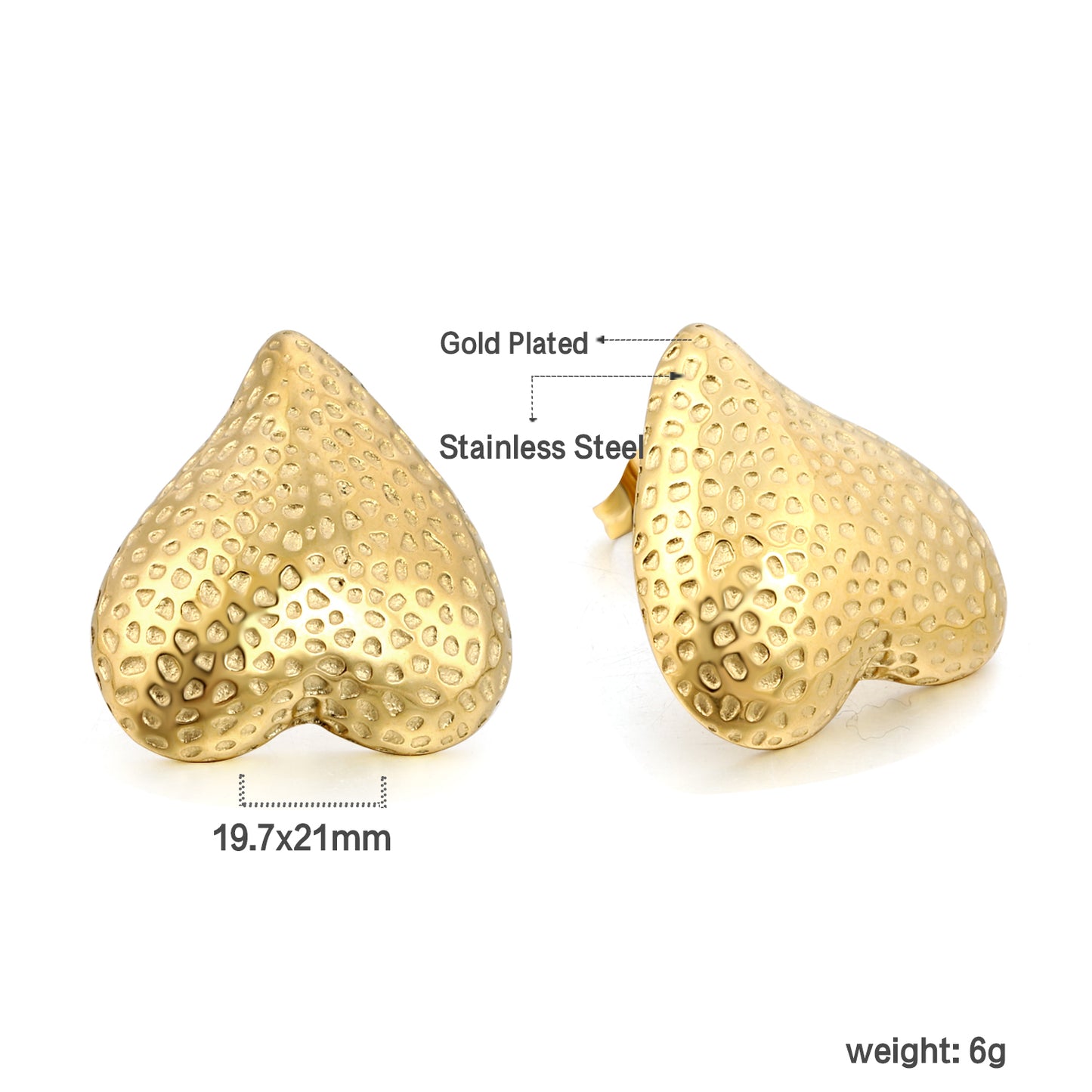 Wholesale 18k Gold Inverted Peach Heart Pitted Face Earrings