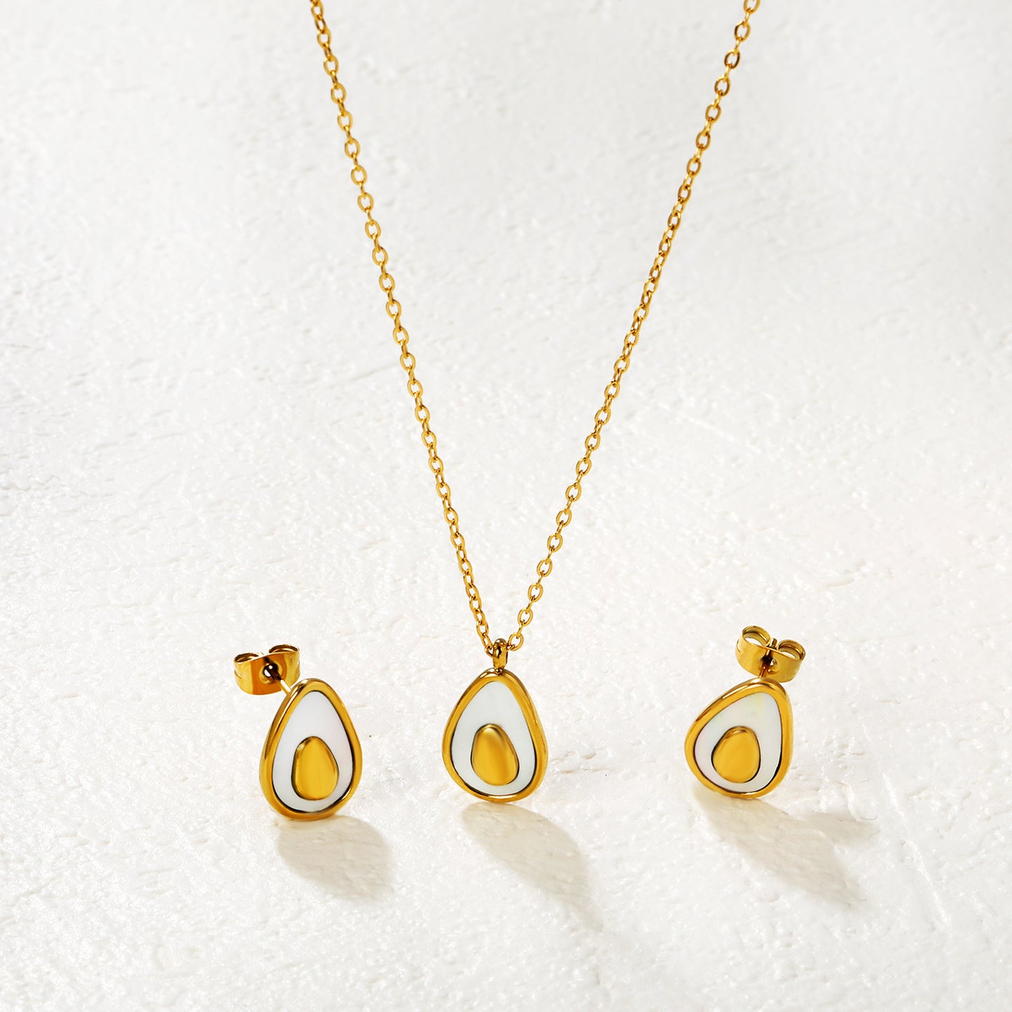 Bulk PVD Gold White Resin Teardrop Necklace & Earrings Set