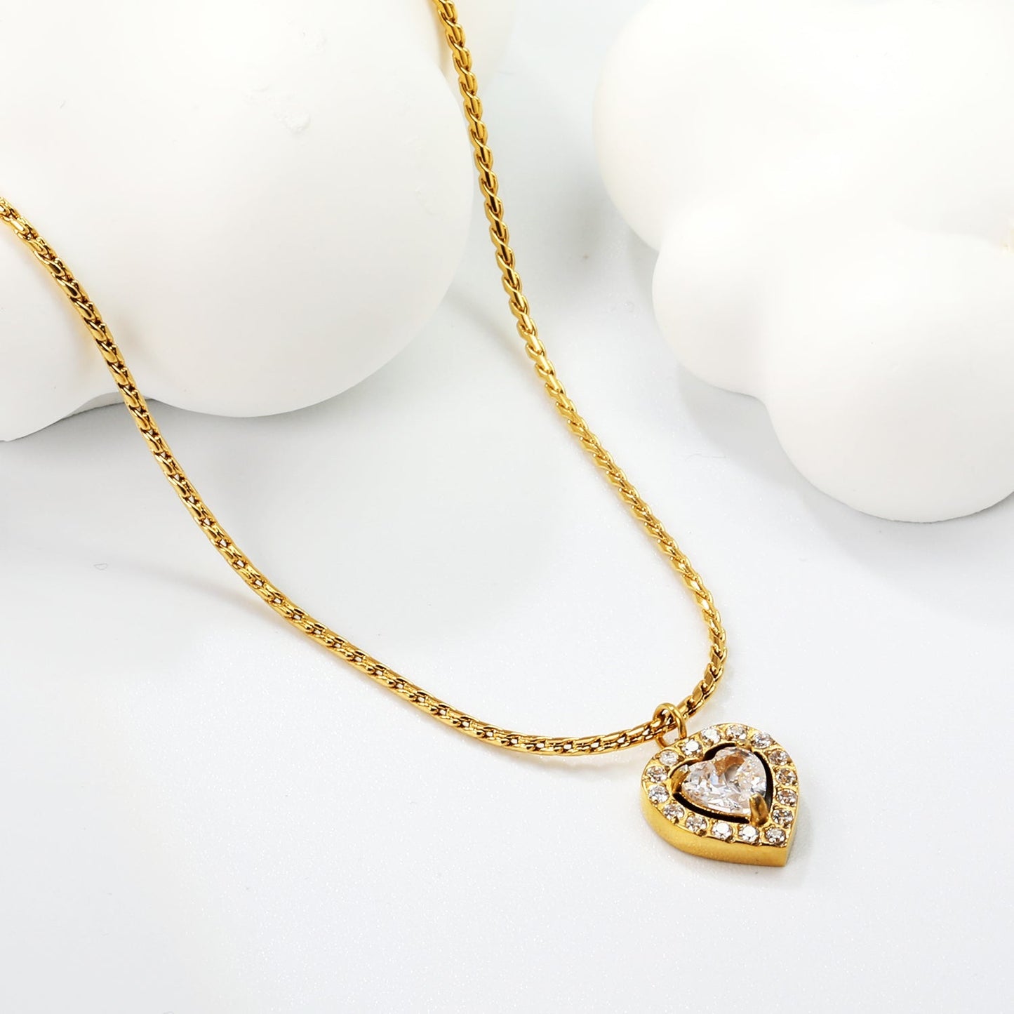 304L Stainless Steel Double Heart CZ Necklace | Twisted Rope Chain 40+5cm