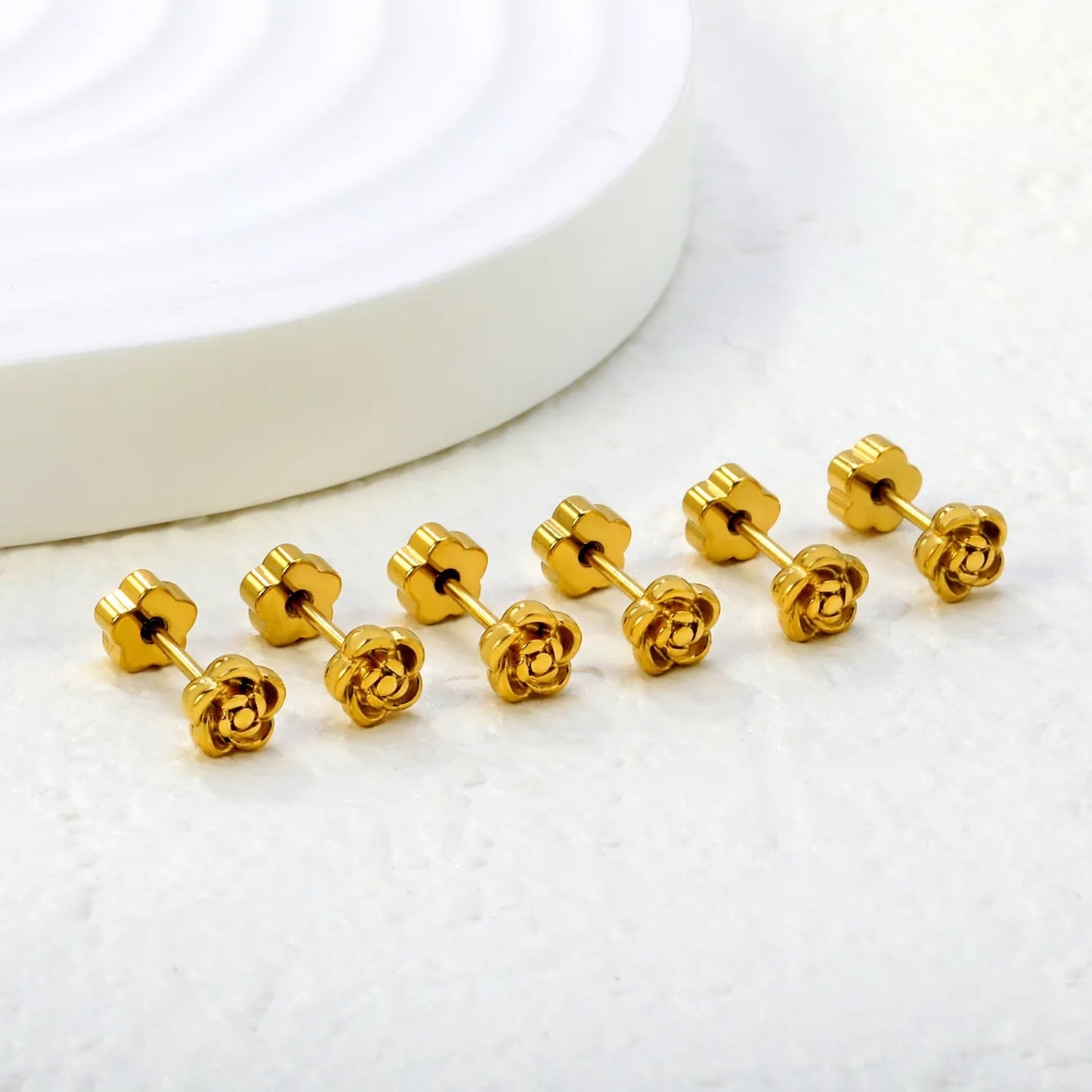 3 Pairs Bulk PVD Gold 5mm Rose Flower Threaded Flat Back Earrings