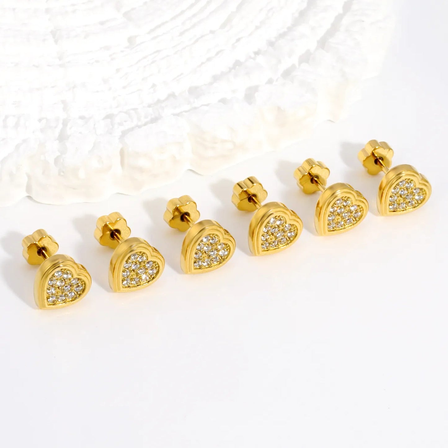 3 Pairs Sparkly Pave Heart Studs Earrings | 24/7 Wear Waterproof Gold Heart Piercing