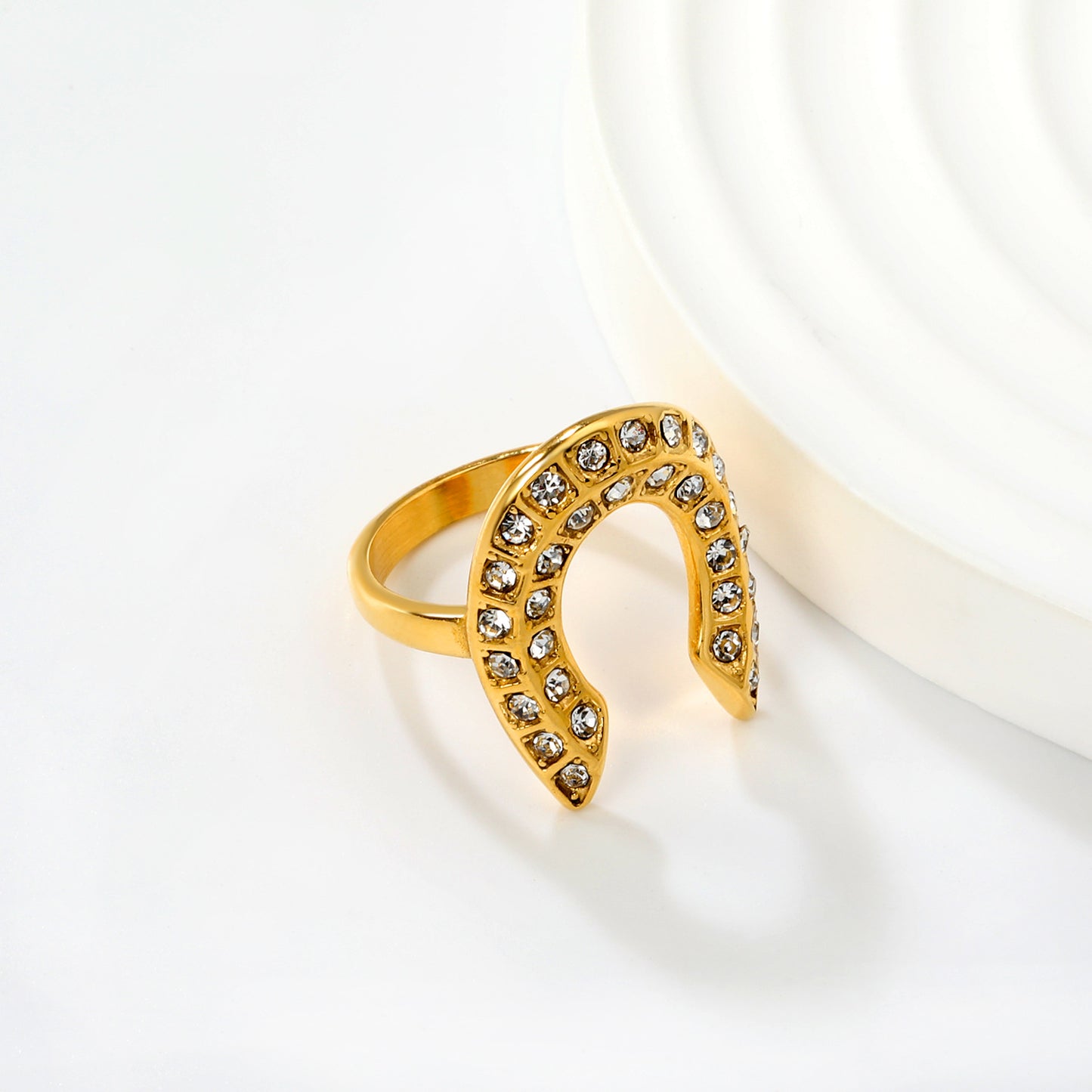 Lucky Horseshoe CZ Ring 304L Stainless Steel Gold Adjustable Unisex