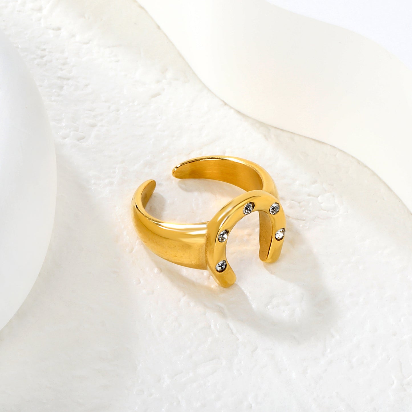 Lucky 304L Stainless Steel Horseshoe Ring | Waterproof Zircon Jewelry