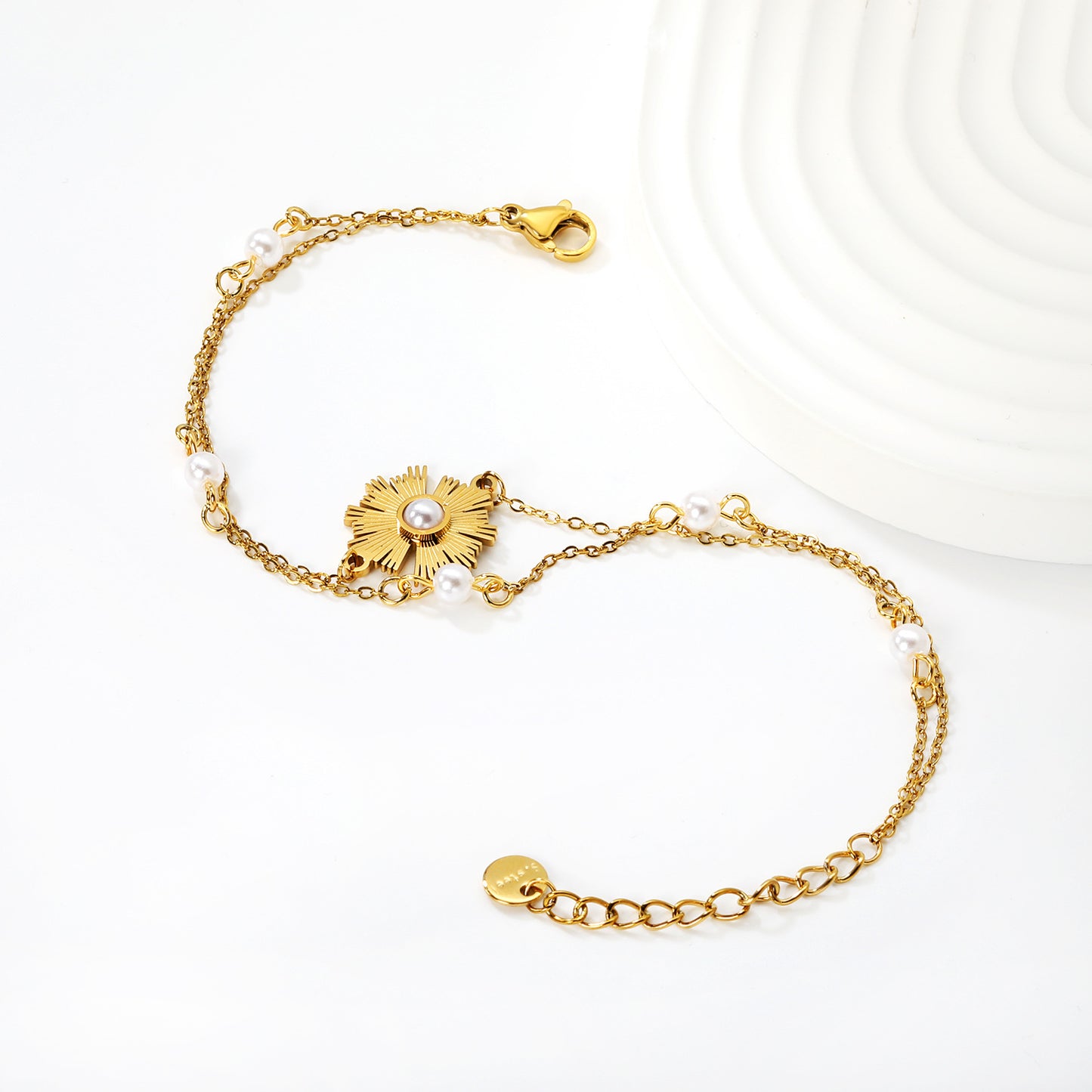 Bulk PVD Gold Double Layer Sunflower Pearl Inlay Bracelet