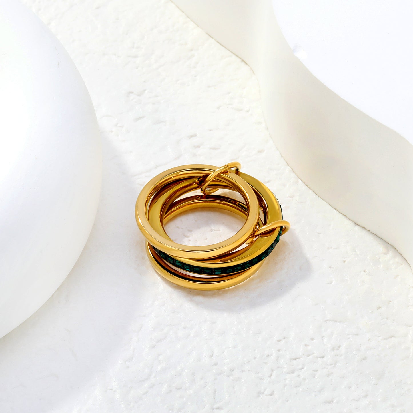 Statement Three-Layer Ring 304L Steel Gold Plated Square CZ Closed Band