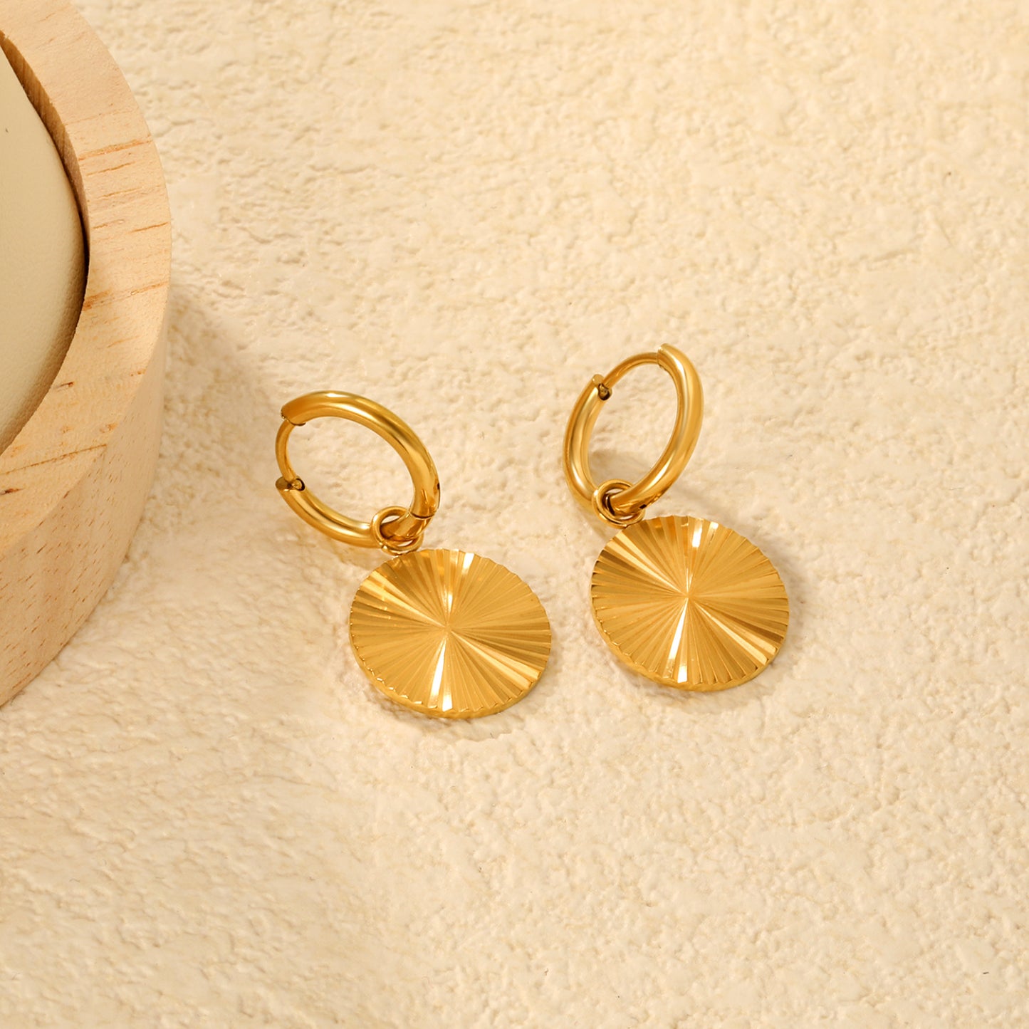 Bulk PVD Gold Sunburst Radial Texture Disk Hoop Earrings