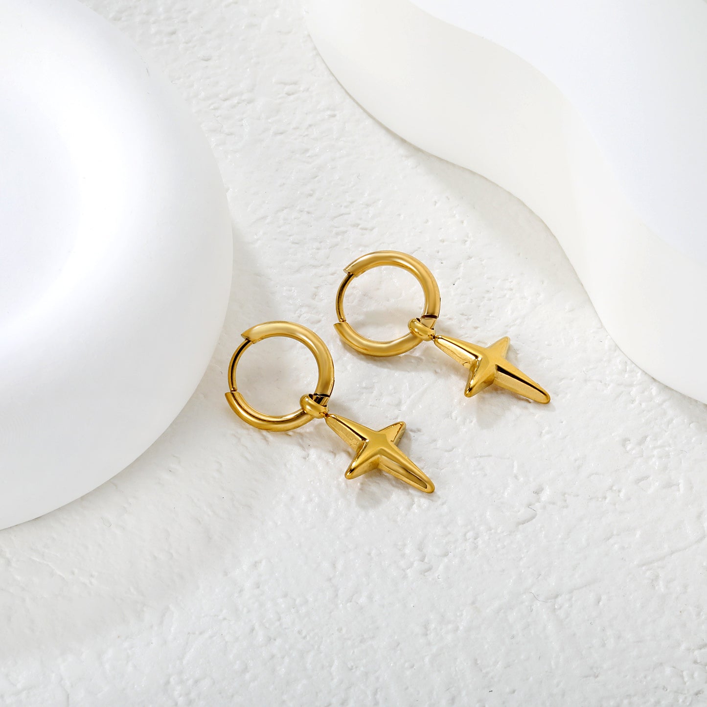 Wholesale Waterproof PVD Gold Sculpted Textured Star Charm Hoops