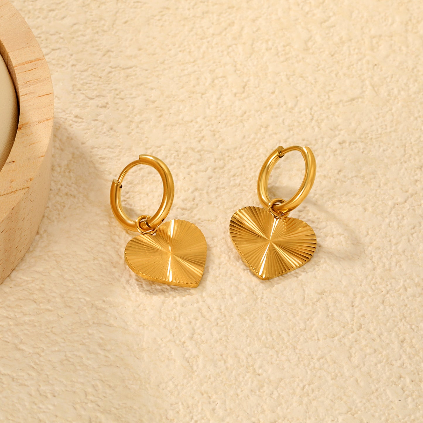 Bulk PVD Gold Sunburst Heart Radial Texture Charm Hoop Earrings