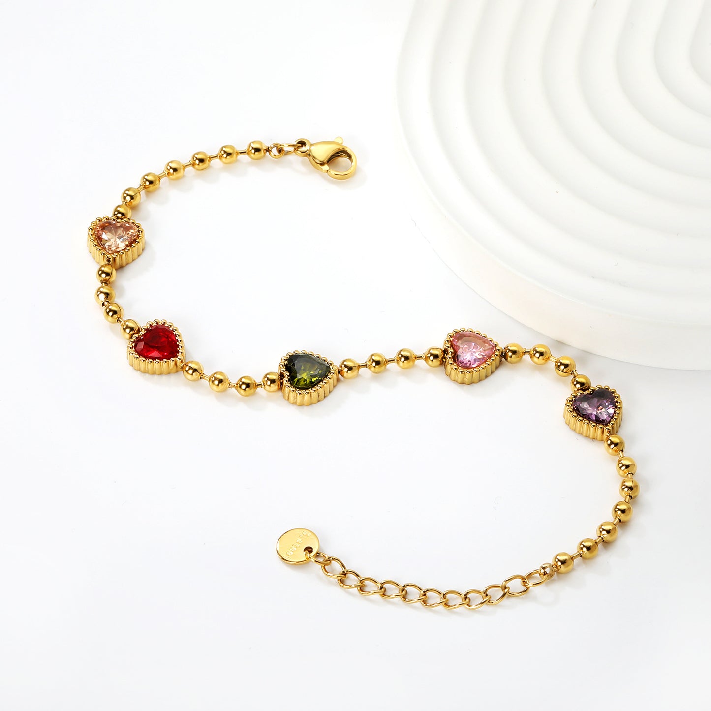 Bulk PVD Gold Colorful Heart Zircon Bead Bracelet Waterproof
