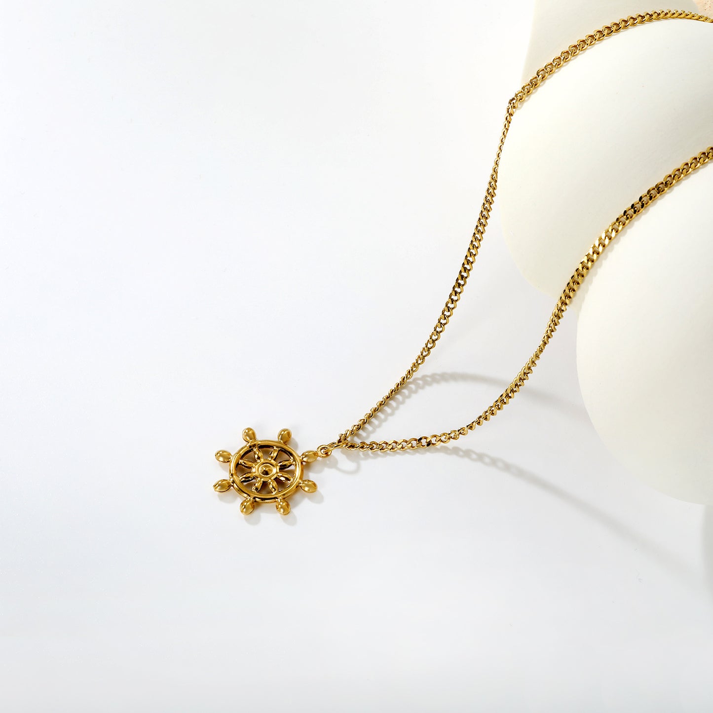 Wholesale Waterproof PVD Gold Sculpted Nautical Rudder Necklace