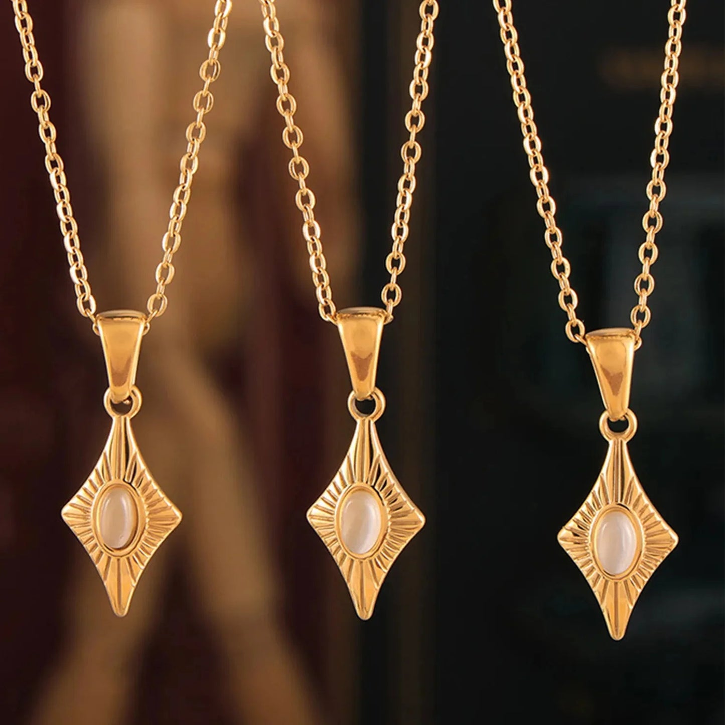 Vintage Rhombus Starburst Pendant Necklace Stainless Steel Waterproof