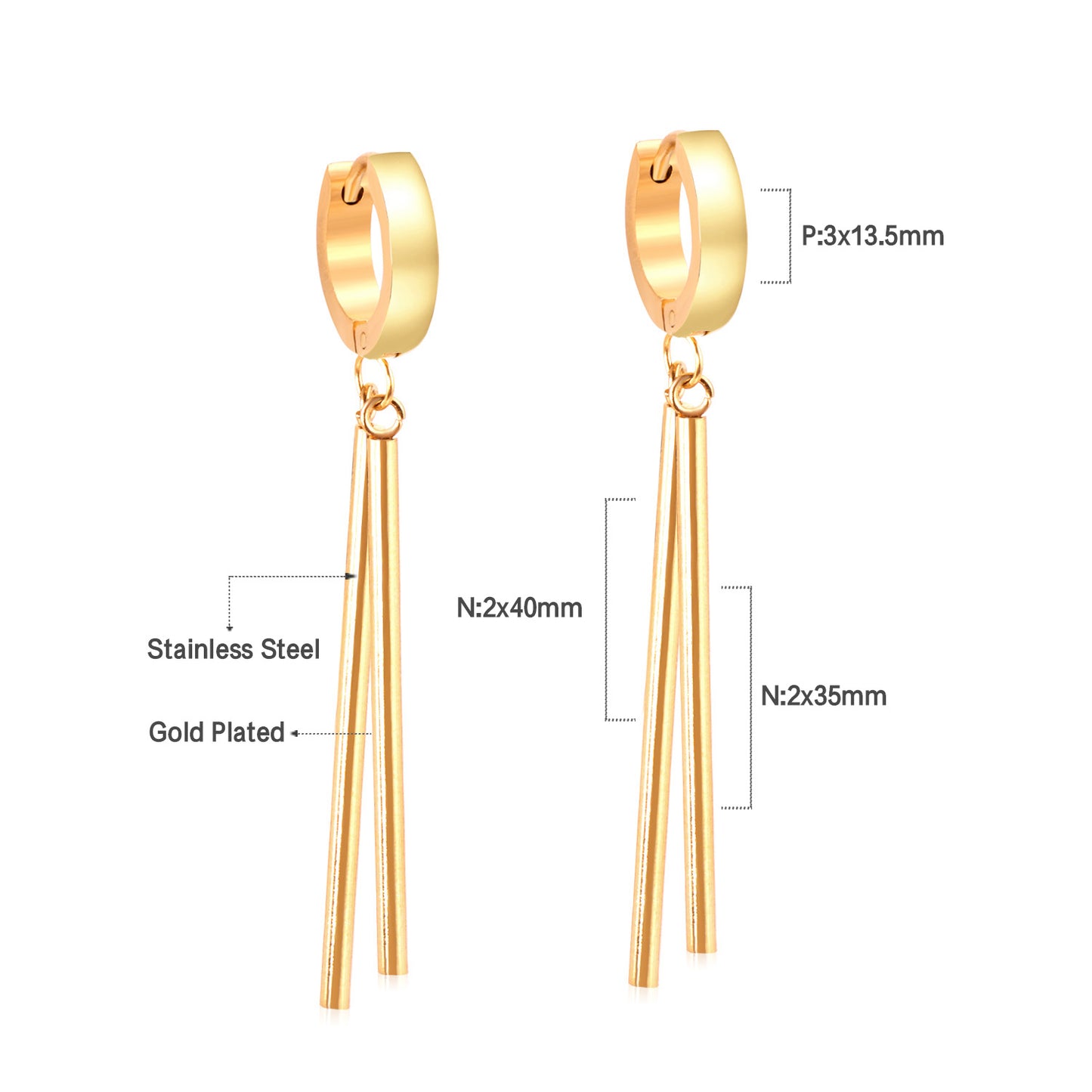 Bulk 18K Gold Long Bar Stud Earrings Hypoallergenic