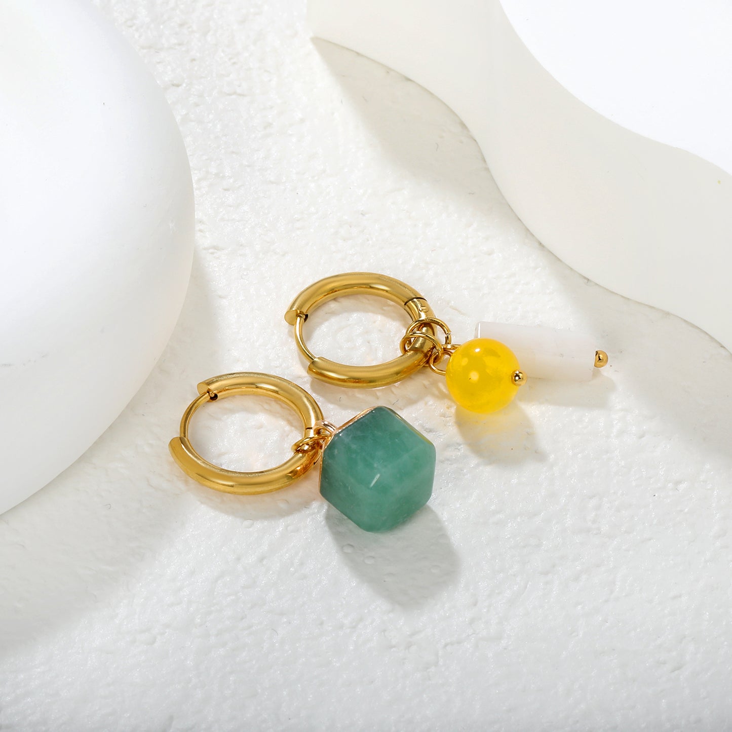 Bulk PVD Gold Asymmetric Natural Stone Charm Hoop Earrings