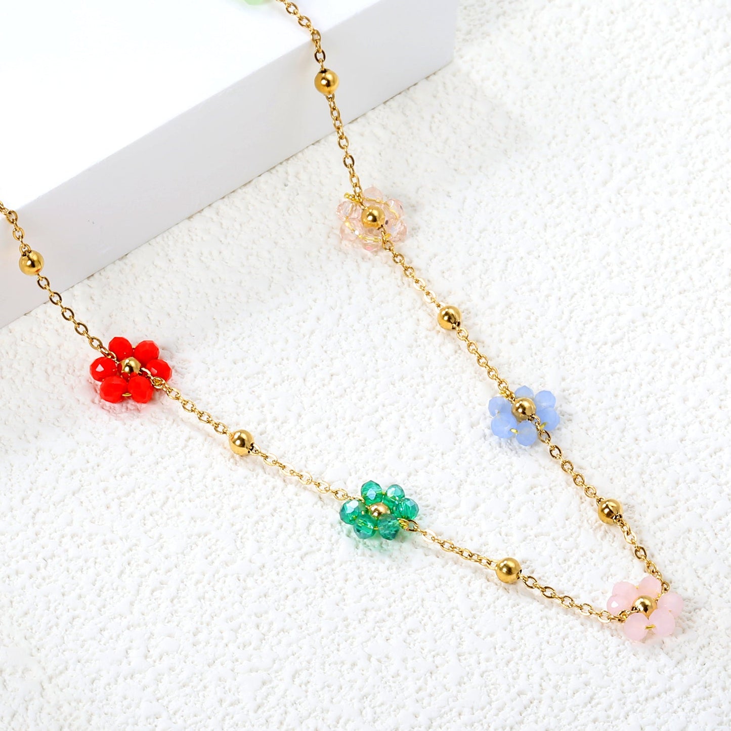 Bulk Stainless Steel Flower Necklace | Rainbow Beaded Jewelry Supplier