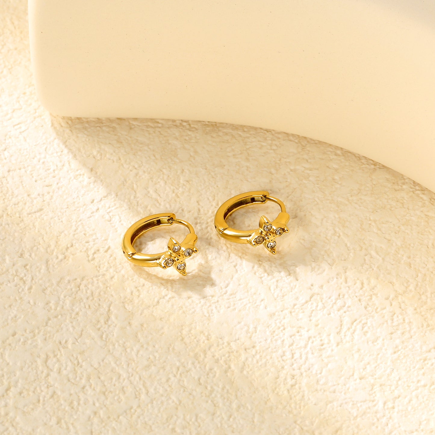 Bulk 18K Gold Plated Botanical Cross-Flower Zircon Hoop EarringsClose-ups of the gold plating and details