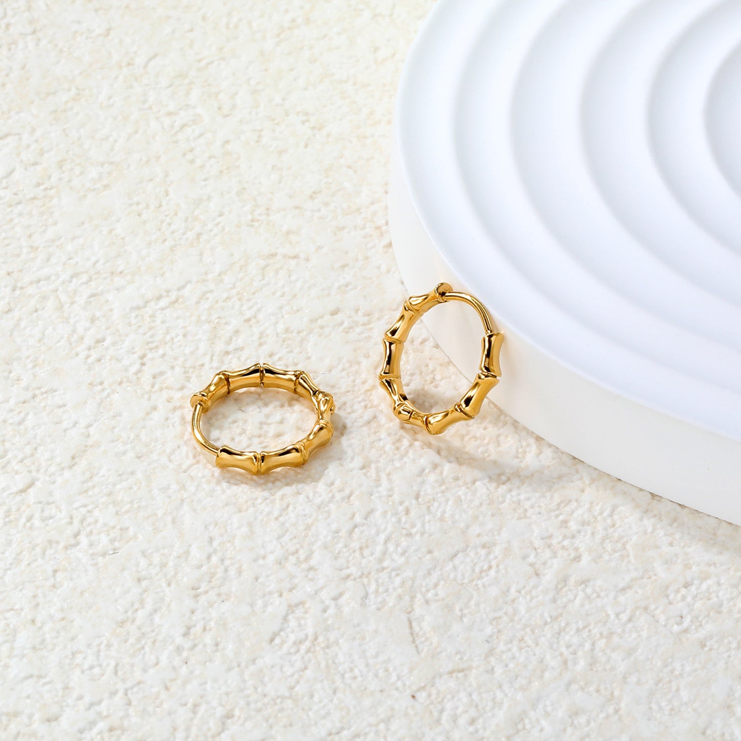 Bulk 18K Gold Plated Sleek Polished Bamboo EarringsClose-ups of the gold plating and details