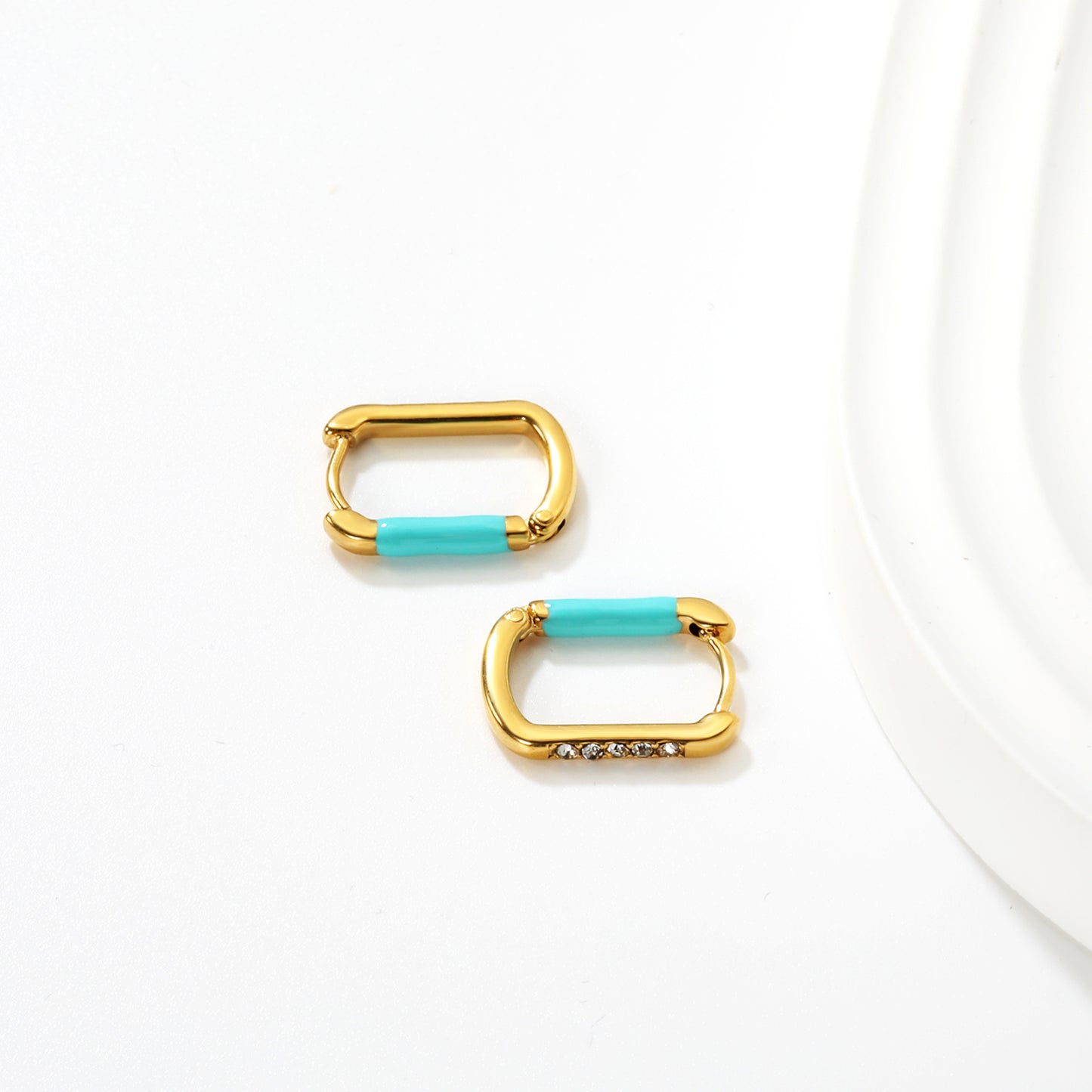 Bulk Waterproof PVD Gold Square Teal Enamel Pave Hoop EarringsClose-up of the light-colored ambiance
