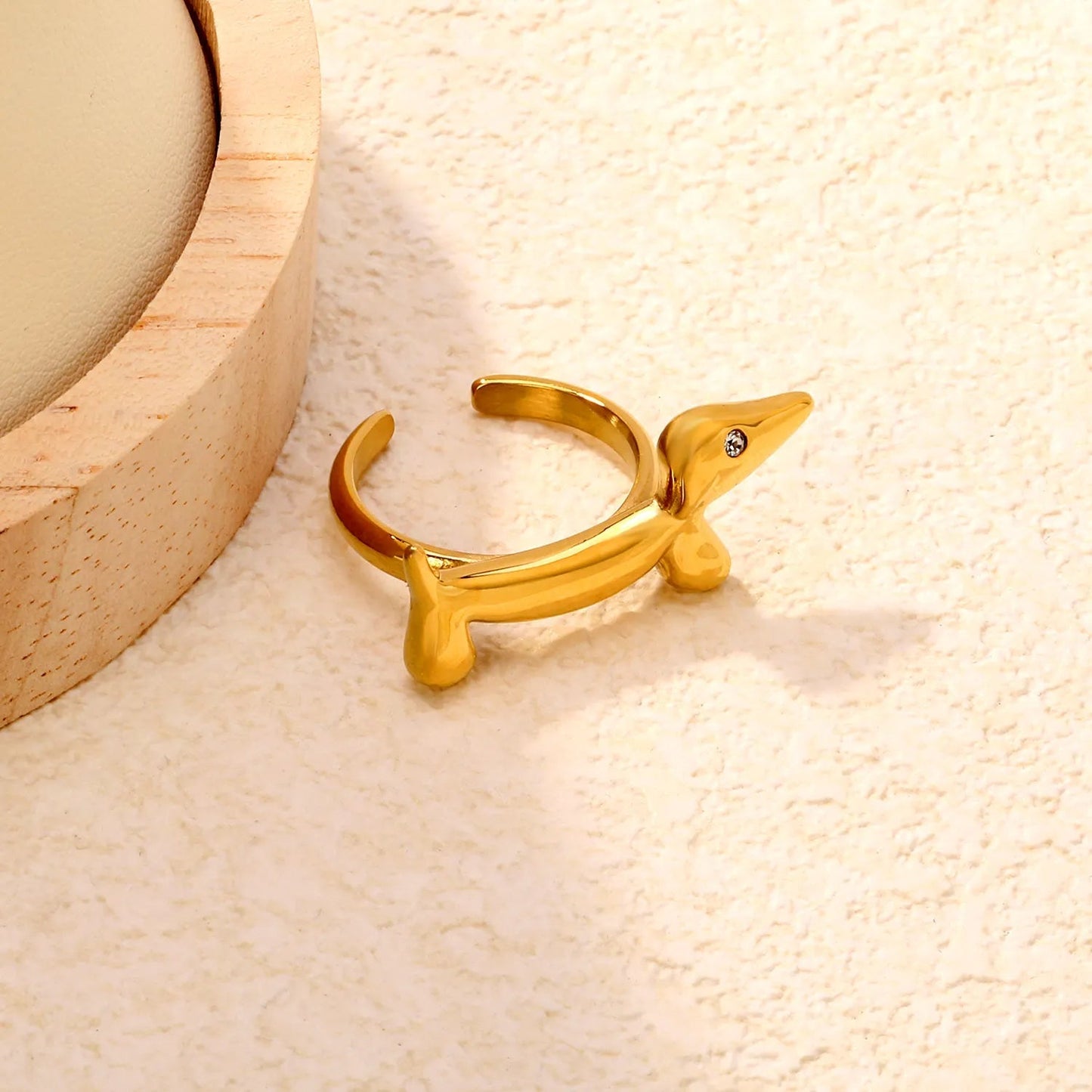 Cute Dachshund Dog Ring 304L Gold Plated CZ Eye