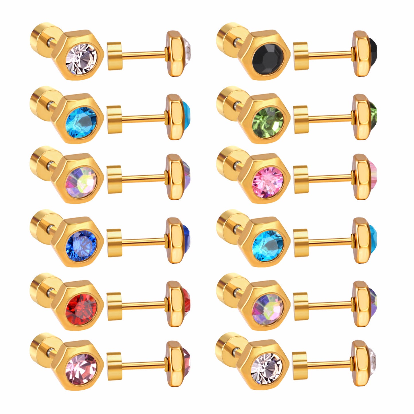 Wholesale Golden Stud Earrings with Various Colored Gemstones