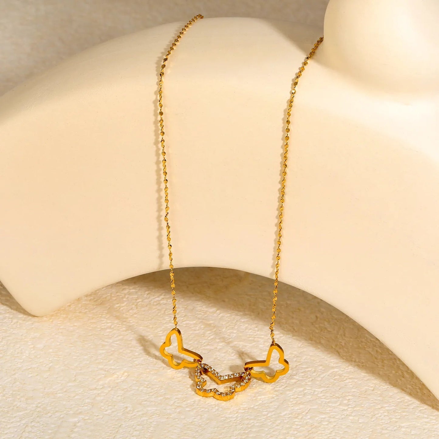 Gold Plated 3 Butterfly Pendant Necklace | Openwork + CZ Wings