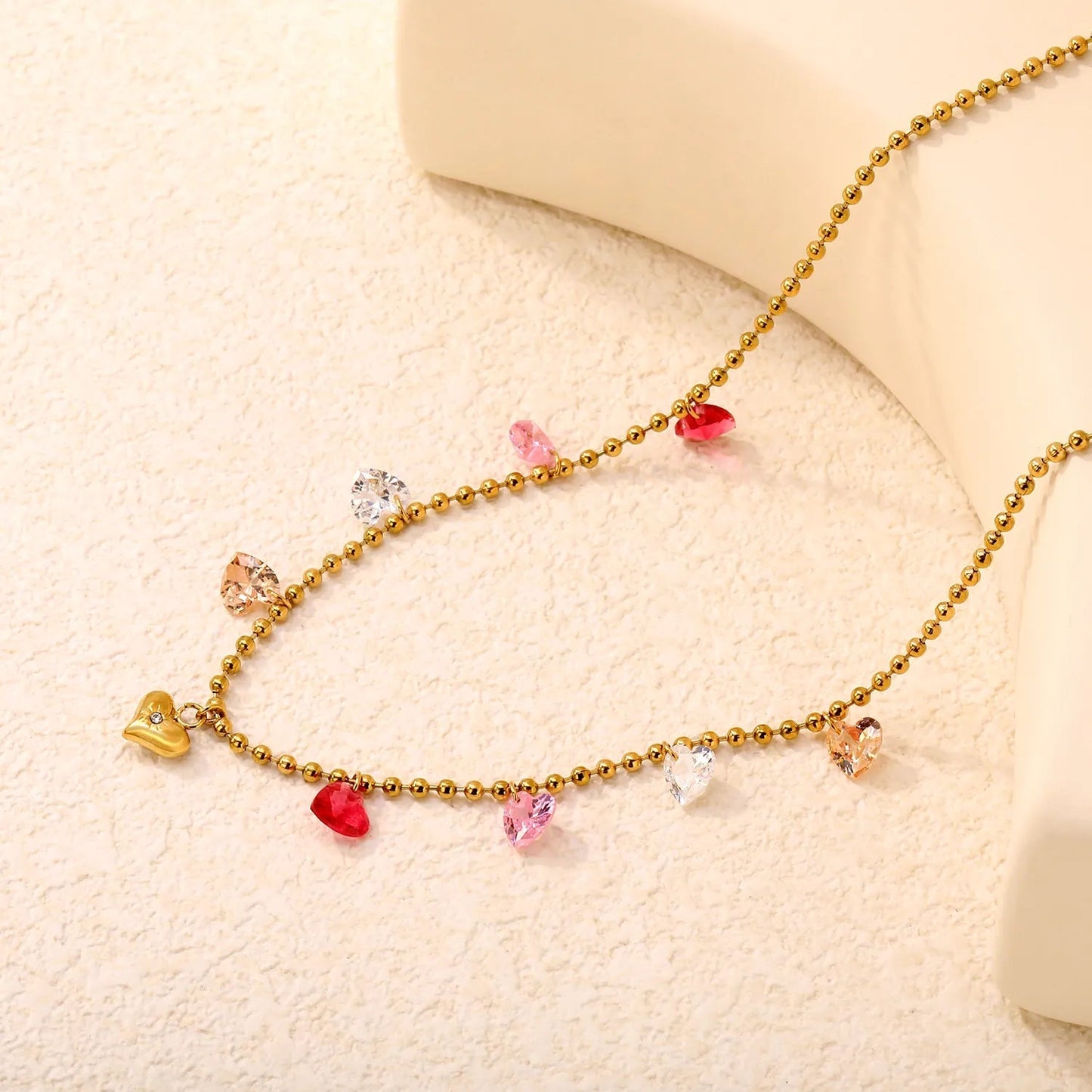 Gold Plated Colorful Heart Pendant Necklace | 6mm Plain + 6mm CZ Hearts 5.5g