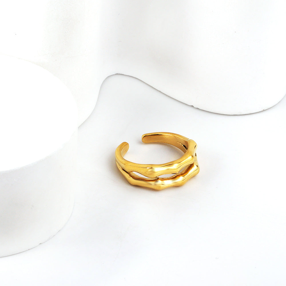 Wholesale 18K Gold Plated Double Bamboo Joint Ring Industrial Textured Open Band Retro Luxury Art