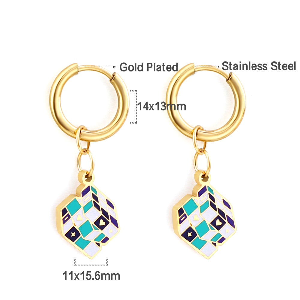 Wholesale 18K Gold Circle with Rubik's Cube Mixed Color Stud Earrings
