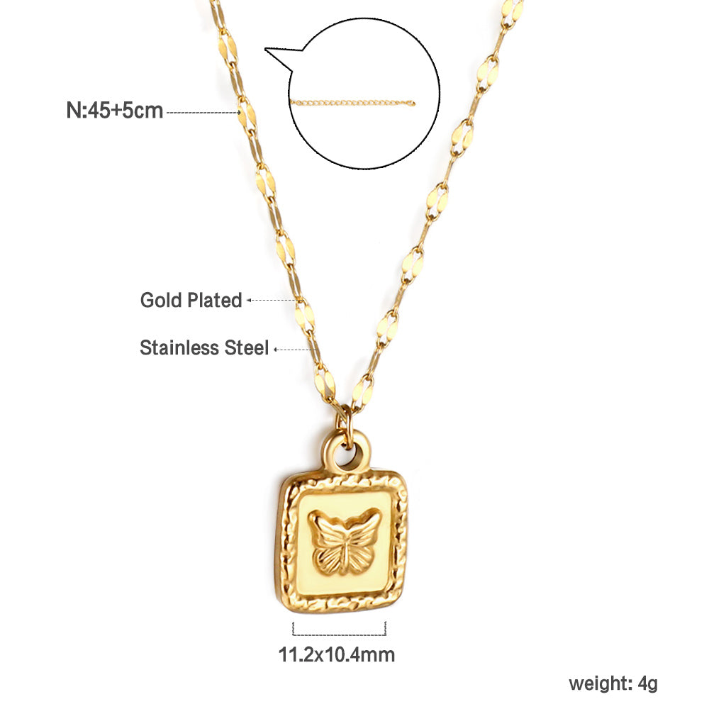 Bulk gold-plated square pendant necklace with butterfly relief engraving inside. Luxurious and exquisite.