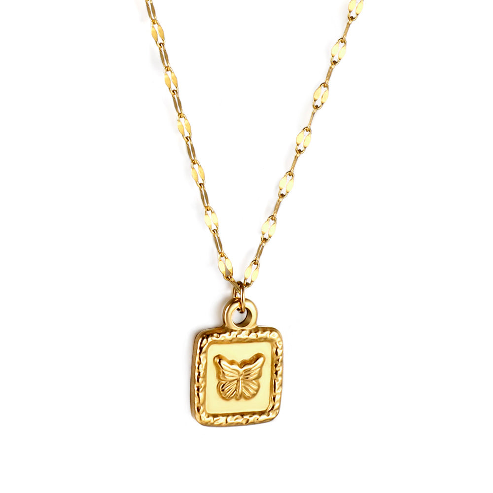 Bulk gold-plated square pendant necklace with butterfly relief engraving inside. Luxurious and exquisite.