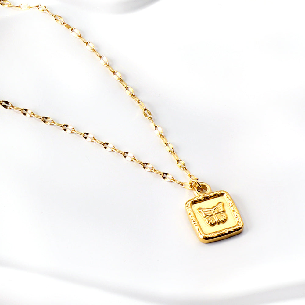 Bulk gold-plated square pendant necklace with butterfly relief engraving inside. Luxurious and exquisite.