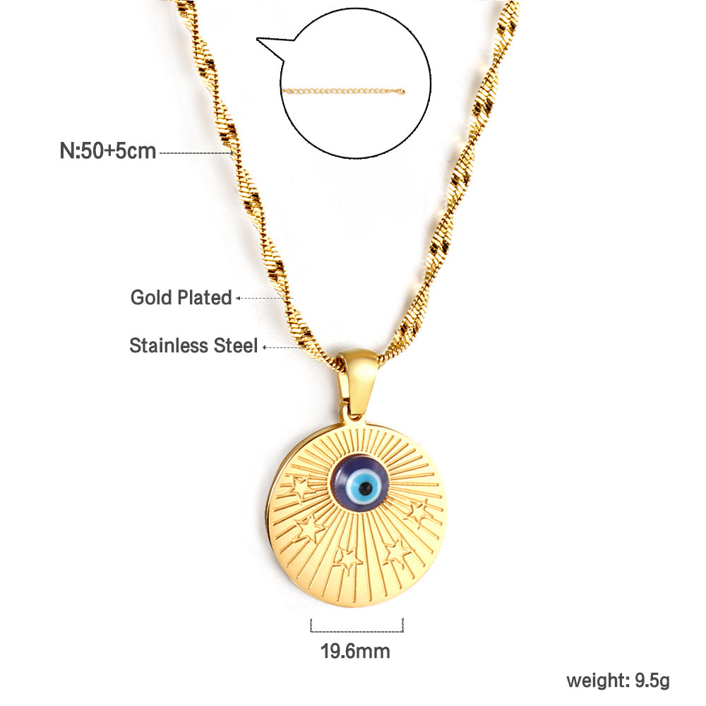 Bulk Stainless Steel Gold Tone Blue Eye Sun Necklace Mystical Vibe