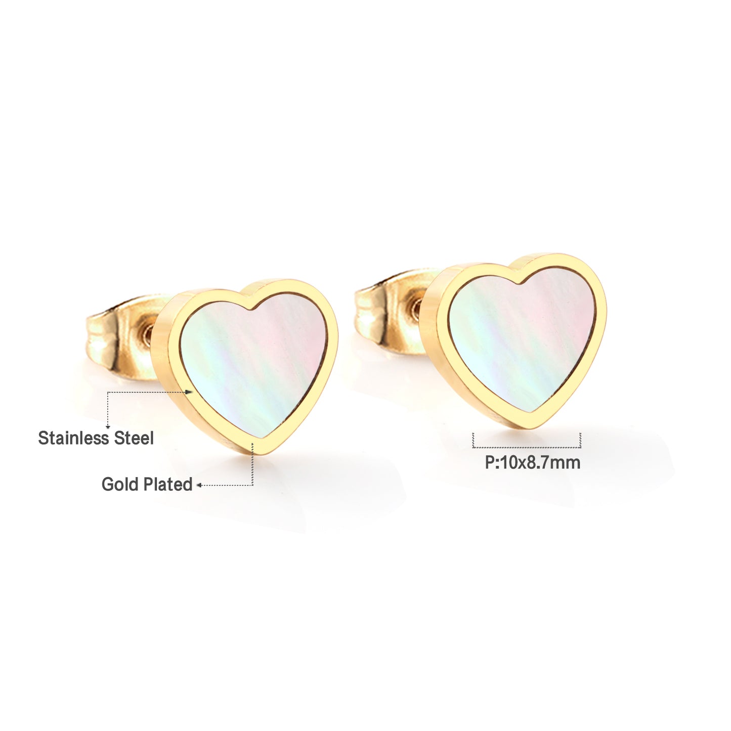 Wholesale 18K hypoallergenic gold heart-shaped white shell stud earrings