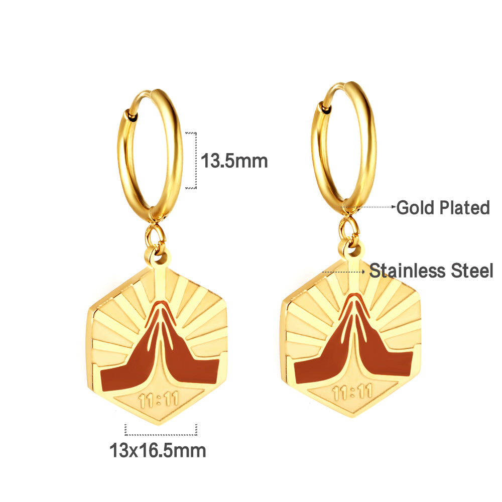 Wholesale 18K Gold Circle with Champagne Color Hexagonal Double Palm Stud Earrings