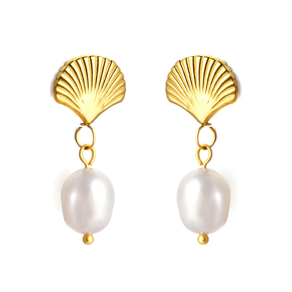 Bulk 18K Gold Shell - pearl Drop Hoop Earrings - Elegant & Charming