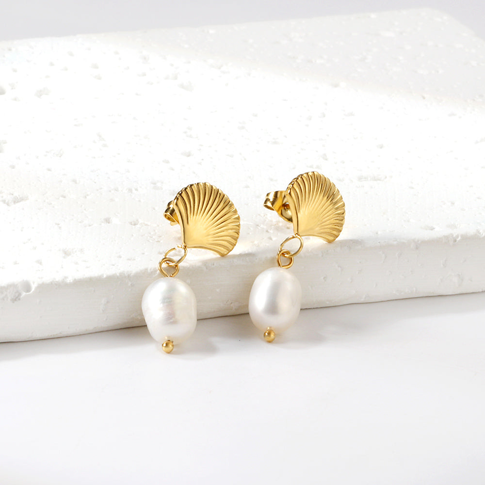 Bulk 18K Gold Shell - pearl Drop Hoop Earrings - Elegant & Charming