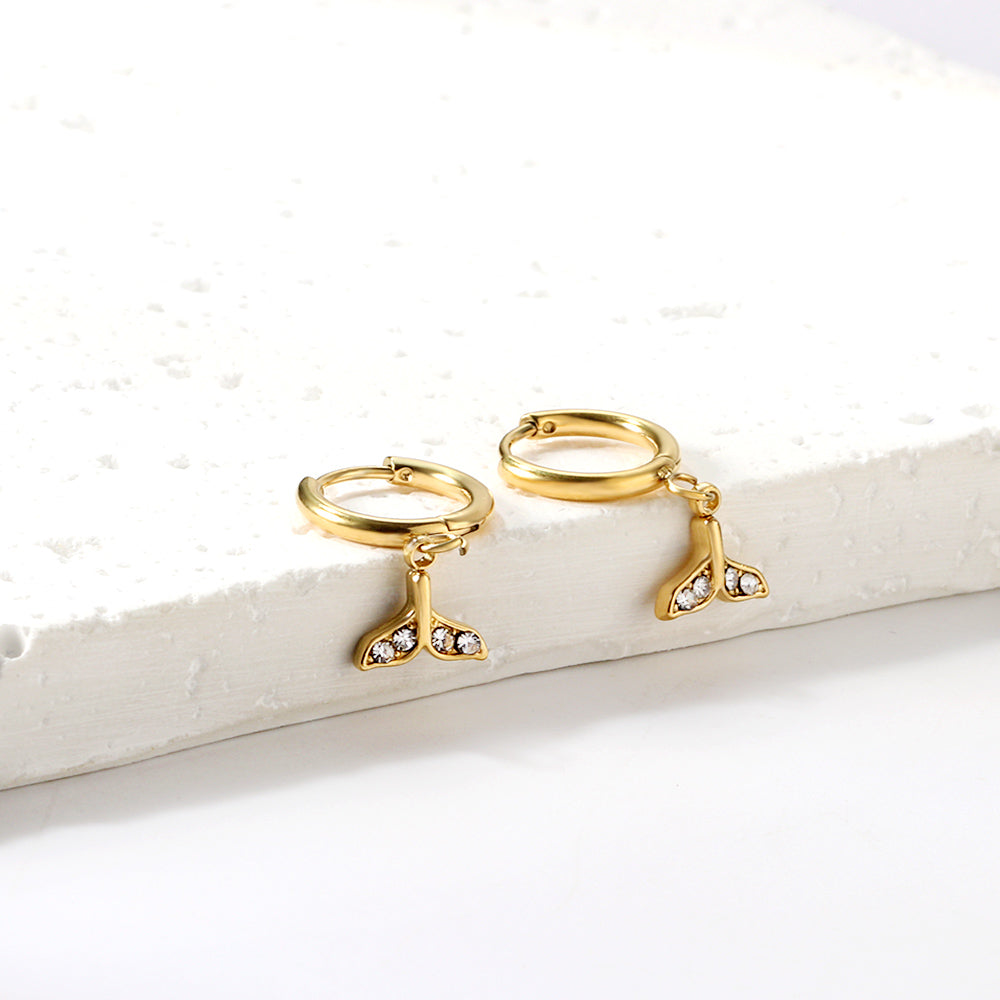 Wholesale Stainless Steel Gold Circle with Fishtail White Diamond Earrings