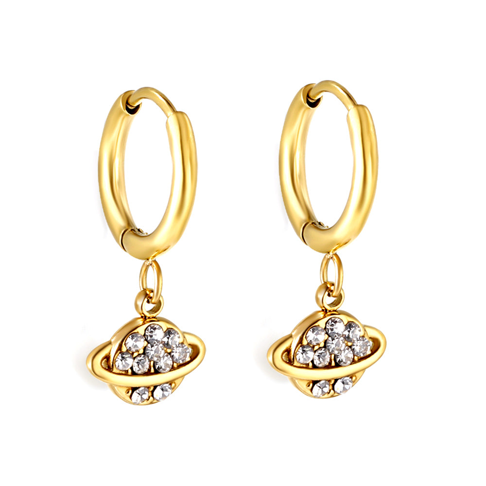 Wholesale 18K Gold Circle with Planet + Orbit White Diamond Stud Earrings