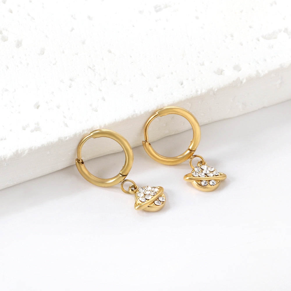 Wholesale 18K Gold Circle with Planet + Orbit White Diamond Stud Earrings