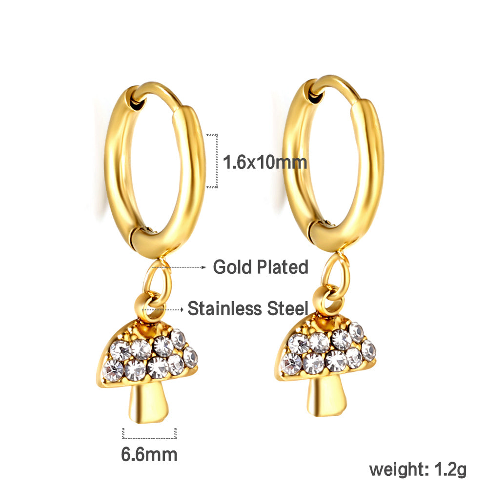 Wholesale Stainless Steel Circle with Mushroom White Diamonds Earrings